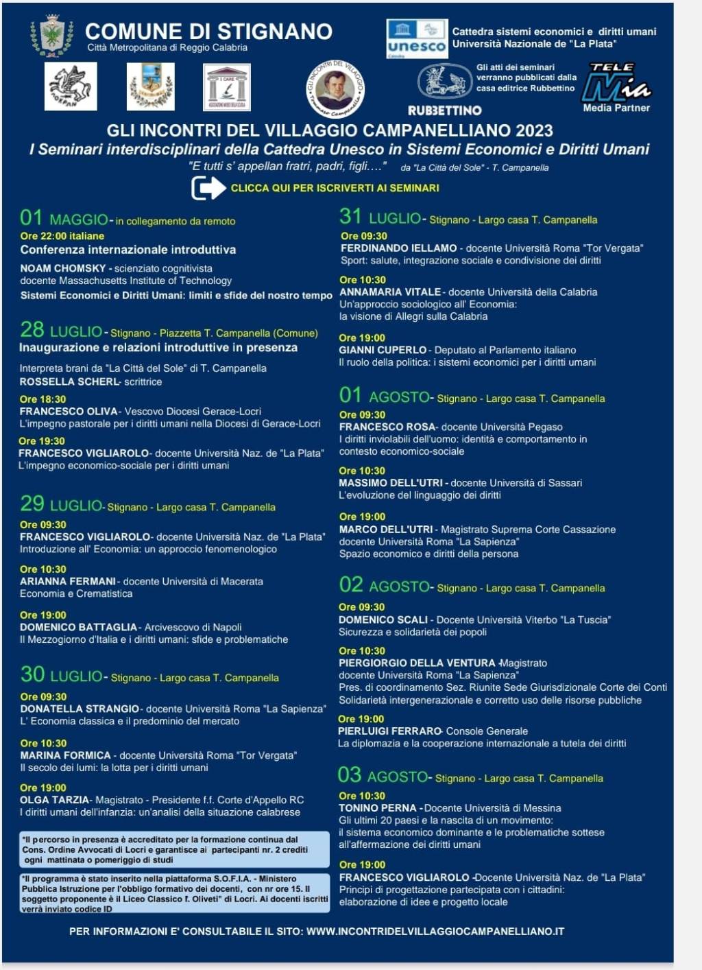 Corso internazionale di formazione della Cattedra Unesco “Sistemi economici e diritti umani” (Stignano (RC) 1 maggio – 3 agosto 2023)